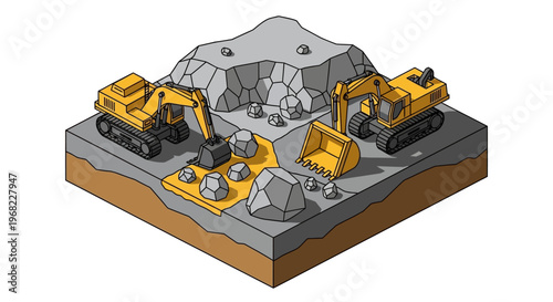Isometric illustration of excavators in a quarry, extracting rocks and minerals with heavy machinery