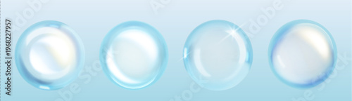 Transparent water droplets set with gel texture isolated on blue background. Vector realistic illustration of 3D serum spheres with glossy surface, cosmetic liquid drop, skincare beauty product design
