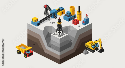 Industrial mining operations showcasing excavation, heavy machinery, and raw material extraction within a cross-section of the earth