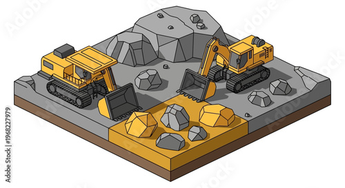 Isometric illustration of mining equipment and unearthed mineral resources on a rocky terrain