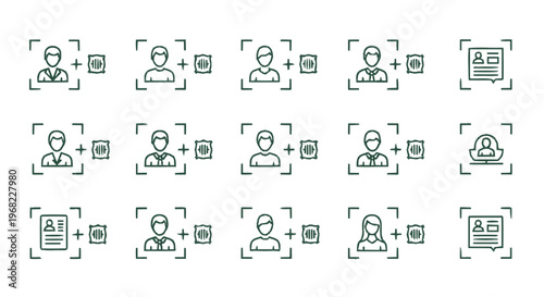 Collection of human profile icons with identification and verification symbols.