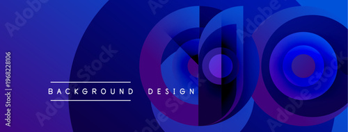 Abstract blue design features layered circles, gradients. Text reads background design. Modern, vibrant visual presentation.