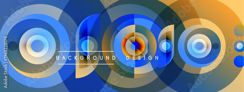 Abstract circles overlap, creating vibrant blue, orange tones. Text reads background design centered within composition. Modern graphic element.