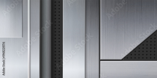 3d metal background with perforation, rivets and steel texture, realistic vector background. Brushed iron panel frame, dark grunge strips banner, border design with chrome details, perforated plaques