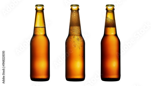 Three amber glass beer bottles with varying levels of foamy bubbles, isolated on transparent background for beverage advertising and promotional use