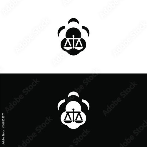 A striking black and white logo featuring the iconic scales of justice contained within a contemporary abstract outline.