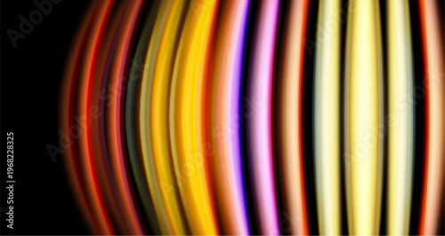 Abstract colorful lines create wave pattern against black background. Bright hues blend, forming dynamic visual effect.