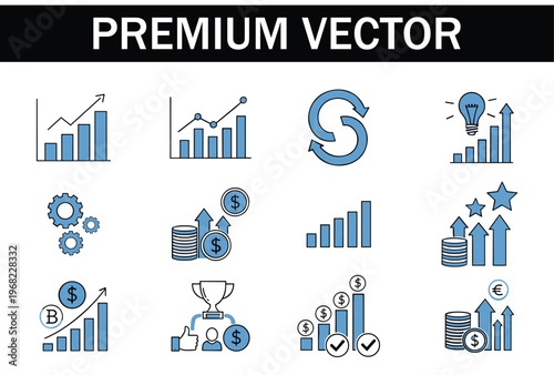 Set of business and finance icons, including growth charts, currency, and strategy symbols