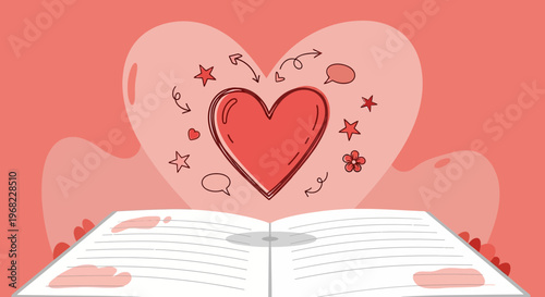 Open Book With Heart Illustration, Love Story, Romantic Concept