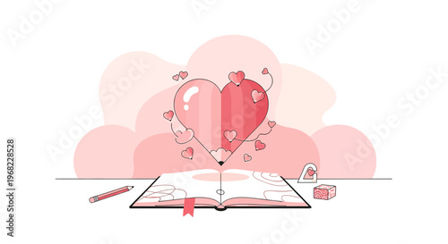 Open book with heart shape emerging, love story concept, illustration