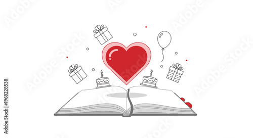 Open Book with Heart, Gifts, Cakes, and Balloon - Love Story Concept