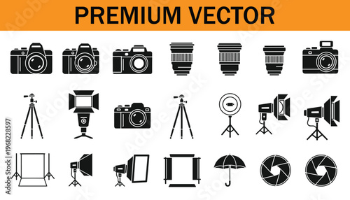 Set of photography equipment icons, including cameras, lenses, tripods, studio lights, and accessories