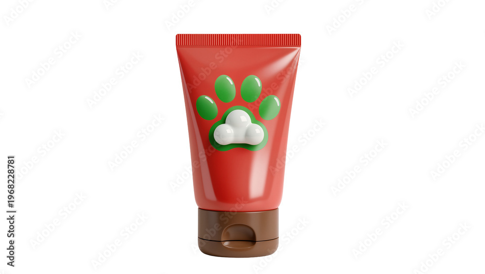 Obraz premium Bright red plastic tube with paw print design featuring green pads and a fluffy cloud, isolated on transparent background for pet care branding