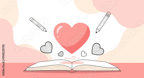Open Book with Pink Heart and Pencils, Love Story Concept