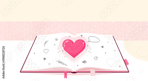 Open Book with Pink Heart Illustration, Love Story Concept