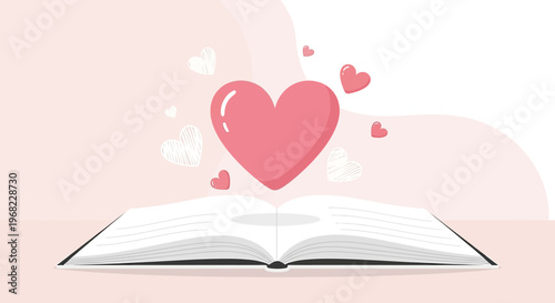 Open Book with Pink Heart Symbol Floating Above, Love Story Concept