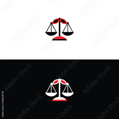 A bold and clear logo featuring the traditional scales of justice, rendered in a striking combination of colors.