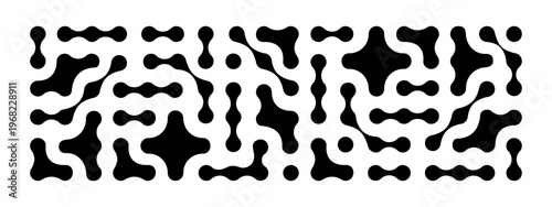 Metaball shapes pattern. Black linked liquid drops or rounded organic forms isolated on white background. Connected neurons, molecules or cells. Modern abstract print. Vector graphic illustration.