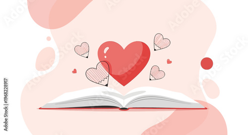 Open Book with Red Hearts Floating - Love Story, Romance, Education Concept