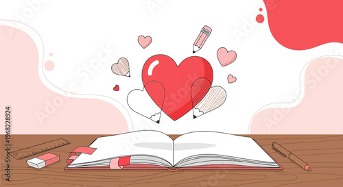 Open Book, Creative Hearts, Pencils, and Eraser - Love for Learning Concept
