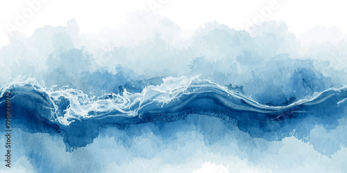 Aerial view of a high winter landscape featuring a blue sky with white clouds over cold snow-covered mountain peaks and a glacier lake