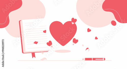 Open Book, Heart, Pen, Love Letter, Romance, Valentine's Day, Flat Design