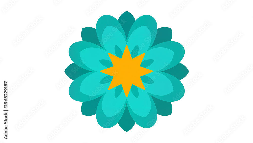 Fototapeta premium Stylized turquoise and teal layered floral emblem with a bright yellow center, isolated on transparent background for branding and design elements