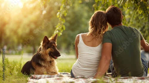 Young woman and man sitting with German shepherd dog on blanket in park during sunset. Happy couple relaxing outdoors with pet animal. Romantic leisure time and friendship concept.