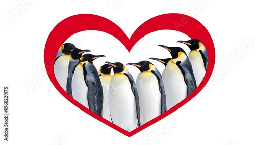 A heart-shaped graphic with several penguins huddled together, set against a pristine white background. The penguins are inside the red heart