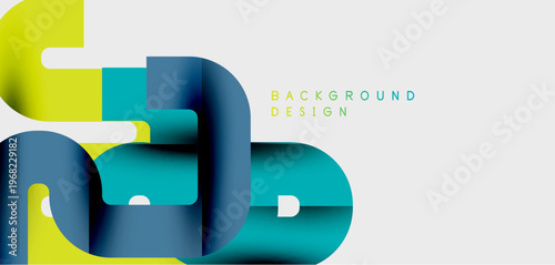 Abstract geometric shapes overlap, creating layered visual effect. Bright colors contrast against neutral background. Modern design element.