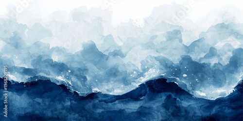 A massive blue ice glacier peak towers over the snowy mountain landscape as clouds and fog drift across the high winter sky