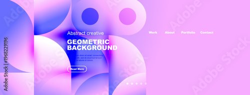 Abstract geometric background design. Modern website header with purple, blue gradients. Includes text, navigation elements, circles, shapes.