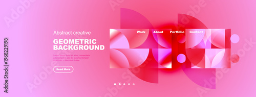 Abstract geometric background. Pink hues dominate design. Text elements present, navigation visible. Modern aesthetic.