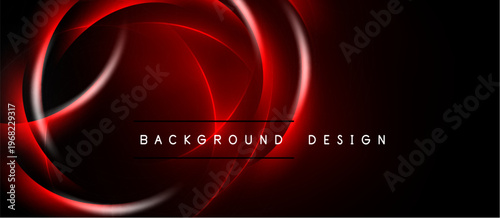 Abstract red neon lines form dynamic curves over black background. Text reads background design. Modern, energetic visual.
