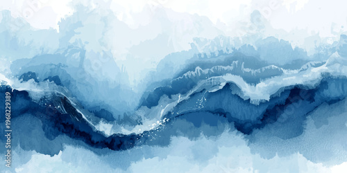 An aerial panorama of the cold winter Alps features a high snow peak and blue mountain landscape against a cloudy sky with sunlit glaciers and white ice