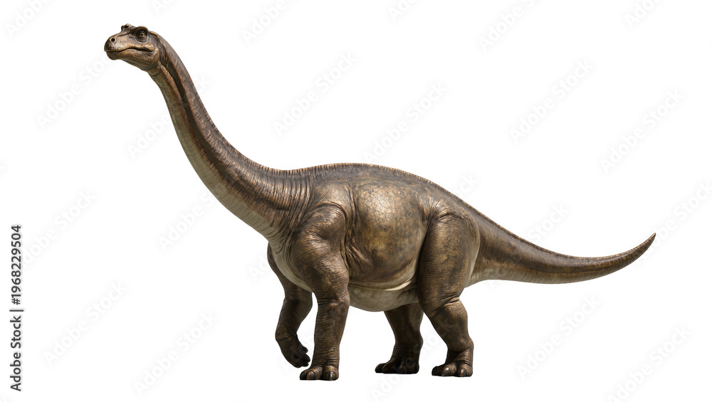 Fototapeta premium Detailed bronze Brachiosaurus dinosaur statue with textured skin long neck and tail standing gracefully, isolated on transparent background for prehistoric designs