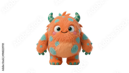 Orange fluffy monster toy with turquoise horns spots and hands, cheerfully posed isolated on transparent background for playful designs