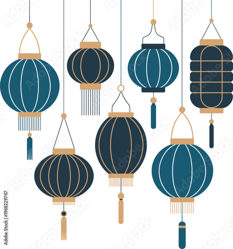 A set of blue and white lanterns