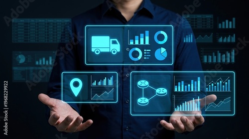 Wallpaper Mural Logistics, supply chain, data analysis, transportation, dashboard, management, technology interface shown by a professional for digital fleet tracking and smart shipping optimization. Torontodigital.ca