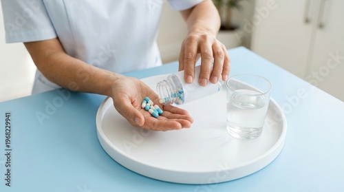 medicine, capsules, healthcare, pharmacy, treatment, caregiver, medication being dispensed by a professional nurse for a patient, featuring a glass of water on a minimalist tray.