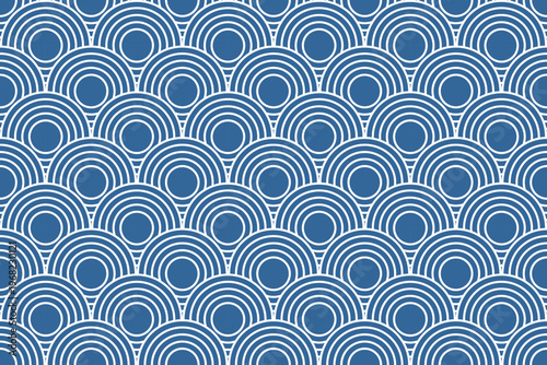 Repeated overlapped blue round shapes. Sea or ocean scalloped waves pattern. Water or cloud print in oriental style. Abstract minimalist Asian ornament. Summer theme wallpaper. Vector illustration.