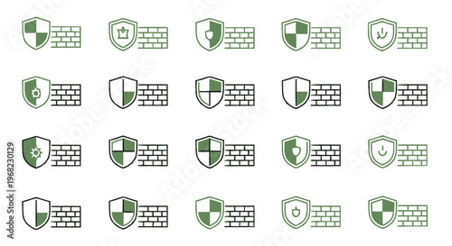 Collection of Shield and Brick Wall Icons Representing Security.