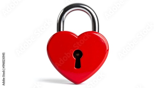 A heart-shaped lock, vibrant red with a silver handle, sits centered against a clean white backdrop. Shadowed below