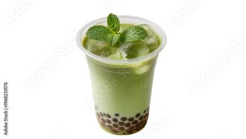 Refreshing green matcha bubble tea drink with tapioca pearls and ice cubes garnished with fresh mint leaves, isolated on transparent background for beverage ads