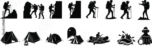 Outdoor Adventure Icons Set Vector, Hiking Climbing Camping Rafting and Explorer Silhouettes Collection Isolated on White Background