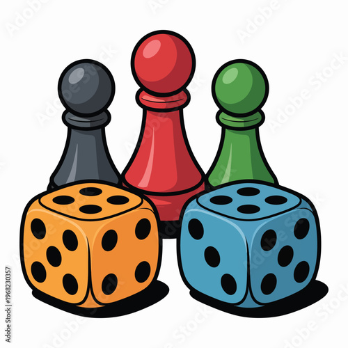 Colorful Game Pieces, a vibrant illustration of board game components including colorful dice and pawns, evoking playful competition, strategic thinking, and family-friendly entertainment
