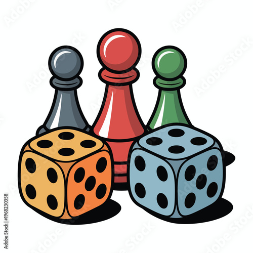 Colorful Game Pieces, vibrant board game components illustration with dice, pawns, and tokens, playful competition and strategy concept