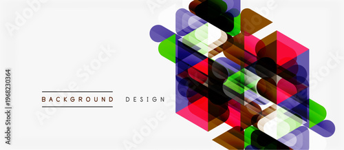 Abstract geometric shapes overlap, creating vibrant colorful pattern. Minimalist design with text elements present. Modern aesthetic.