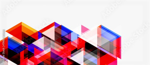 Abstract geometric shapes overlap, creating vibrant red, blue, orange patterns on white background. Modern design elements present.