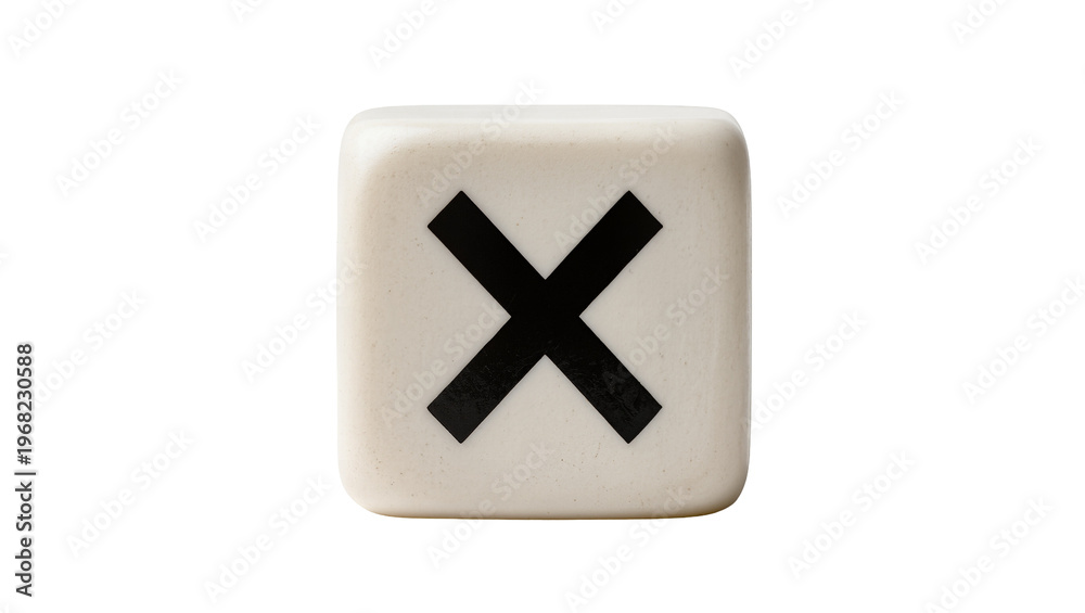 Obraz premium Creamy plastic cube game die displaying bold black X symbol, isolated on transparent background for game design and educational projects